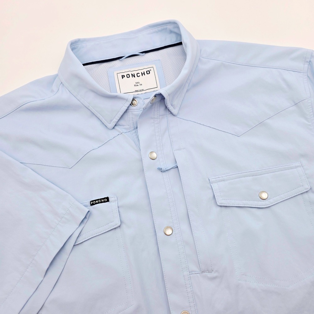 Poncho Outdoors Mens XXL Slim Fit Short Sleeve Fishing Shirt Blue Western Snap
